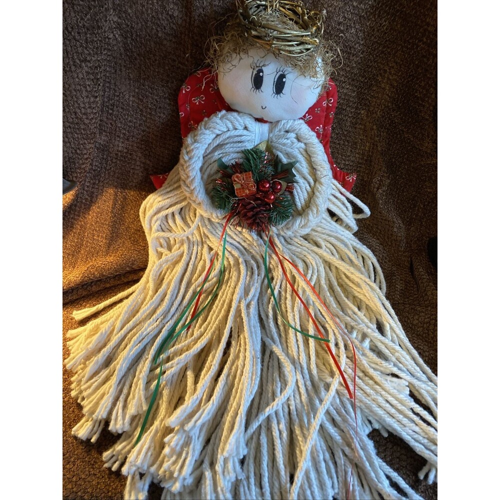 Vintage Christmas Angel Mop Doll Cloth Yarn Cottage Primitive Grannycore 27"